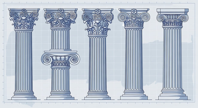 A comprehensive set of classical architectural columns showcasing diverse historical orders in a detailed blueprint drawing style illustration