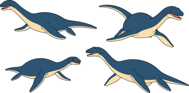 Four blue plesiosaurs swimming in the ocean prehistoric marine reptiles.