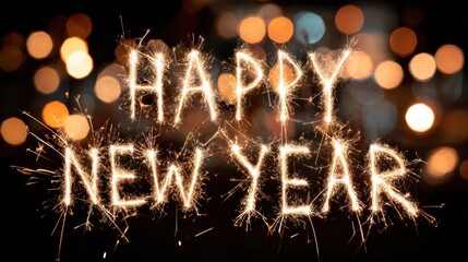 happy new year text on black card with sparklers and bokeh lights for celebration greeting