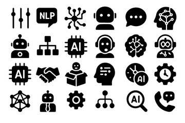 Artificial Intelligence and NLP Solid Icons Set Featuring Machine Learning, Chatbot, Neural Network, Robotics, Automation and Smart Technology Symbols