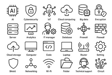 Modern Technology and IT Services Line Icons Set with Cloud Computing, Cybersecurity, Networking, Database, AI and Digital Infrastructure Symbols