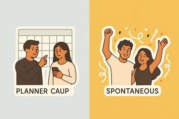 Engaging conversation between a planner and a spontaneous individual symbolizing contrasting perspectives on life choices and decision making in vibrant social settings