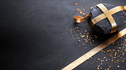 A dark, rough stone is wrapped with a shimmering gold ribbon and sprinkled with gold glitter on a textured black surface.