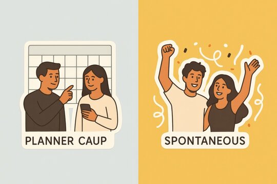 Engaging conversation between a planner and a spontaneous individual symbolizing contrasting perspectives on life choices and decision making in vibrant social settings