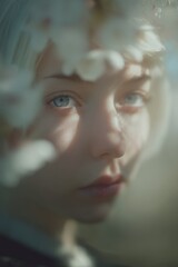 Fototapeta premium Womans portrait with blossoms soft focus artistic aesthetic natural light