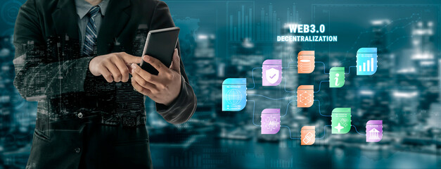 The Web 3.0 decentralization technology ecosystem. A flowchart of interconnected concepts like AI, blockchain, security, and decentralized finance. Motif