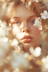 Fototapeta premium Close up portrait of a person with flowers in warm sunlight