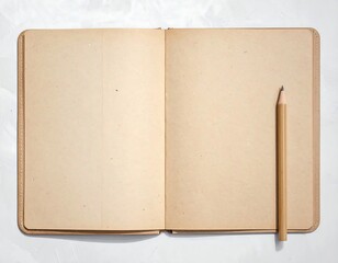 Open vintage notebook with blank pages and pencil, ready for writing or sketching