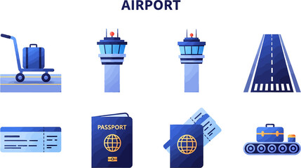 Collection of blue and dark blue flatstyle airport icons No Background