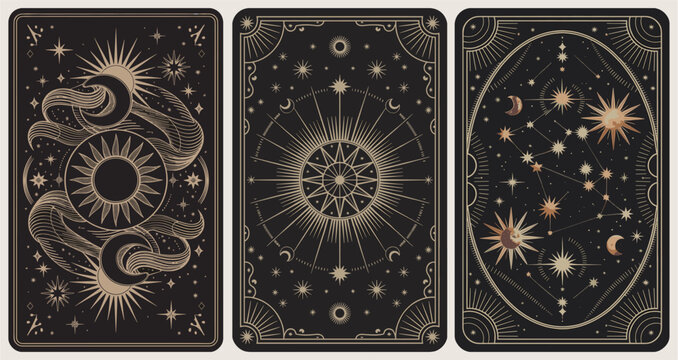 Set of black and gold Tarot card back designs featuring crescent moon, stars, and mystical elements, elegant and magical, perfect for Tarot decks and occult illustrations
