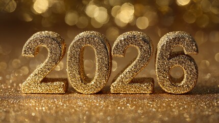 sparkling golden 2026 numerals shimmer under dramatic stage spotlights on a glittercovered surface celebrating future success and new beginnings