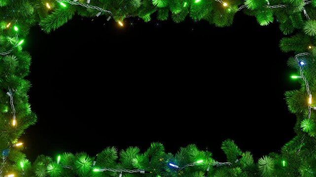 Christmas frame or new year frame with fir or pine leaves and light bulbs blinking. 4K loop animation	