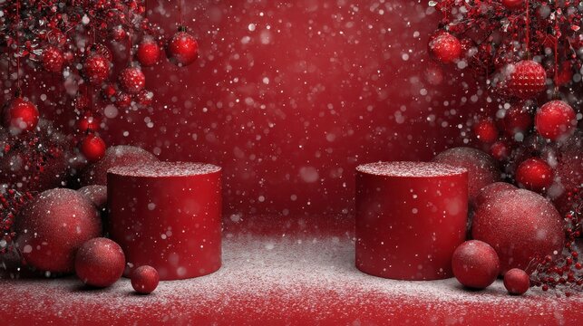 red ornaments christmas sale backdrop features realistic festive atmosphere around two decorated podiums