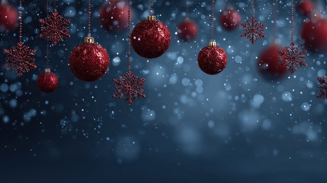 christmas background with red baubles and snowflakes on blue backdrop festive holiday decoration concept