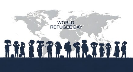 World refugee day silhouette of people carrying belongings against world map