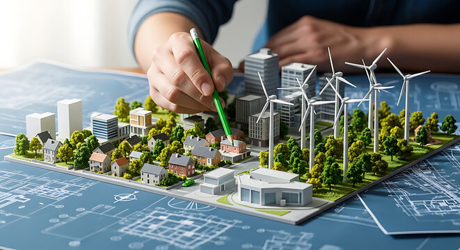 Architect's hand uses pencil on sustainable city model with wind turbines and green energy infrastructure planning