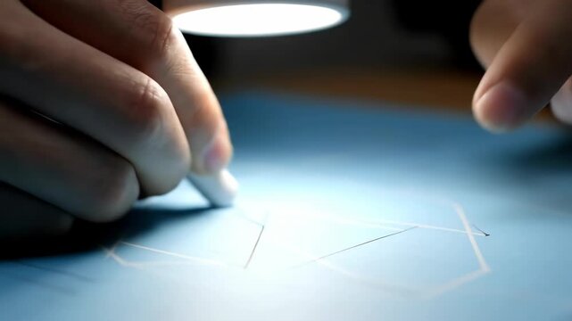 Close-up of hands meticulously drawing geometric shapes on a light table with a stylus.
