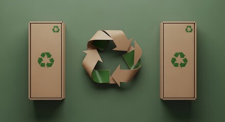 Cardboard boxes and recycle symbol on green background