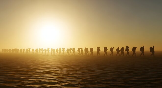 Silhouettes of people walking along a misty beach at sunrise - Powered by Adobe