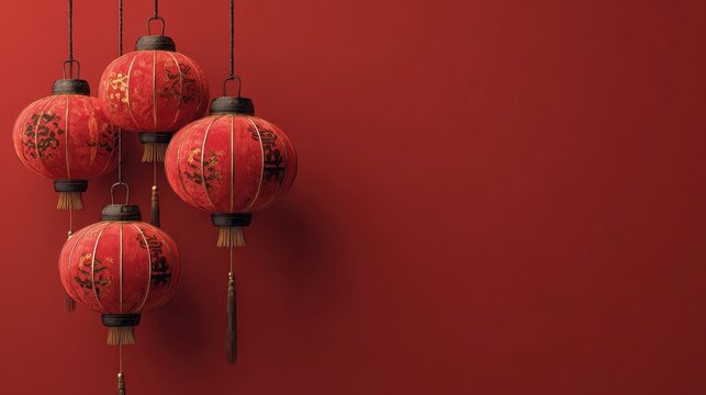 copy space chinese lanterns with traditional asian symbols on red background for lunar new year 2025 wooden snake