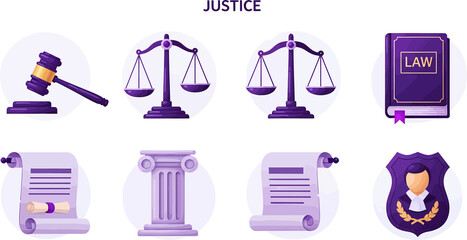 Eight purple and gold justicethemed icons arranged in two rows No Background