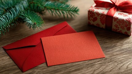 christmas gift certificate on table with decorated red envelope and green fir branches concept of holiday gift giving festive celebrations holiday decor