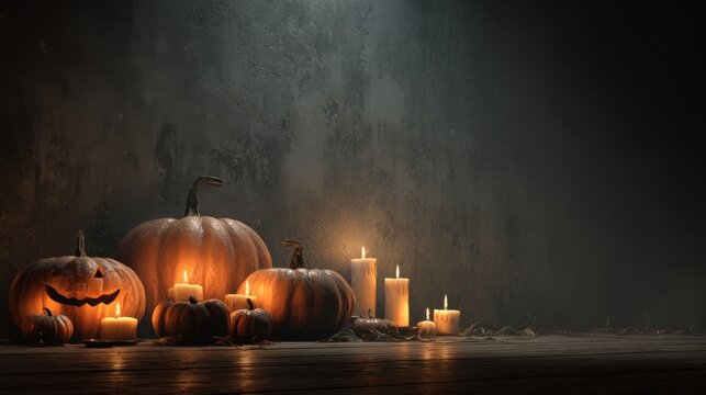 spooky halloween night with carved pumpkins and candles in a dark room