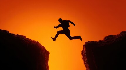 silhouette of a determined person leaping across a chasm from the year 2025 to the year 2026 at sunset symbolizing a bold transition and future achievement