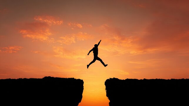 silhouette of person jumping across a chasm from 2025 to 2026 at sunset