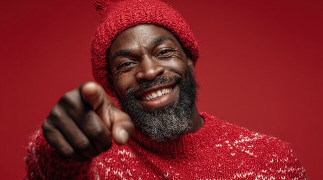 happy santa claus smiling and pointing forward in red sweater and hat against vibrant red background in festive holiday portrait generative ai - Powered by Adobe