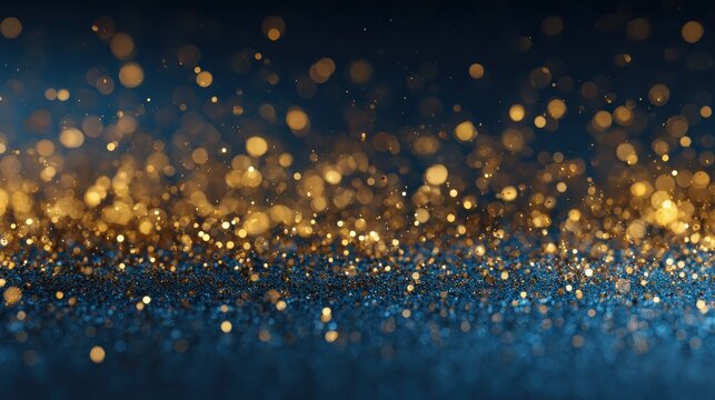 golden glitter and bokeh falling onto a dark blue background festive and elegant perfect for new years eve birthdays or special events