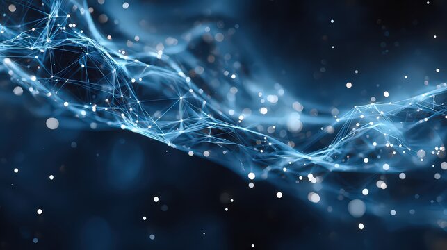 Abstract Digital Network of Interconnected Blue Glowing Lines and Dots in Deep Blue Background
