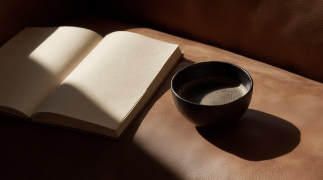 A warm leather couch bathed in sunlight holds a steaming coffee cup next to a blank open notebook. - Powered by Adobe