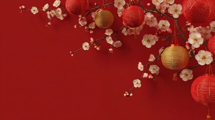 2024 chinese new year banner copy space top view background with golden and red theme of asian lanterns and cherry blossoms on red background festive greeting celebrating season concepts