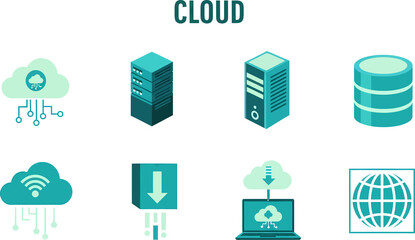 Teal and light green isometric icons representing various cloud computing and data concepts