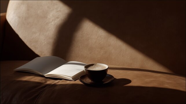 Cup of coffee and open book resting on a brown leather couch with natural sunlight creating a calm atmosphere.