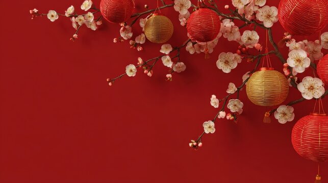 2024 chinese new year banner copy space top view background with golden and red theme of asian lanterns and cherry blossoms on red background festive greeting celebrating season concepts