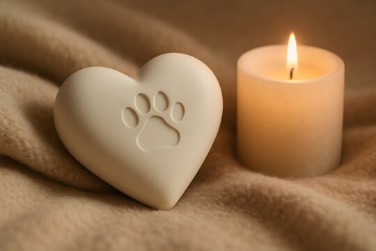 Heart-Shaped Memorial with Paw Print and Candle, Symbolizing Pet Loss, Remembrance, and Love for Animals