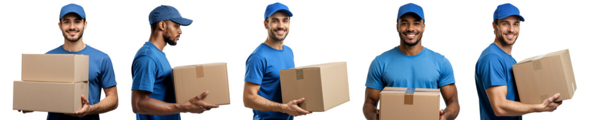PNG Assorted Delivery man with parcel box, element set on transparent background
