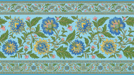 Seamless horizontal border pattern of traditional indian or mughal style floral motif featuring blue and yellow flowers, leaves, and paisley on a light blue background