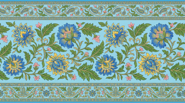 Seamless horizontal border pattern of traditional indian or mughal style floral motif featuring blue and yellow flowers, leaves, and paisley on a light blue background