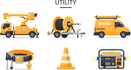 Yellow utility vehicles and equipment illustration on white background © Faisal