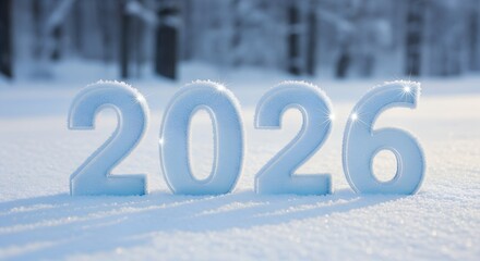 Soft Blue 2026 Numbers on Snow in Winter Forest &ndash; Calm Seasonal New Year Background for Digital Art, Minimal Wallpaper & Holiday Creative Design