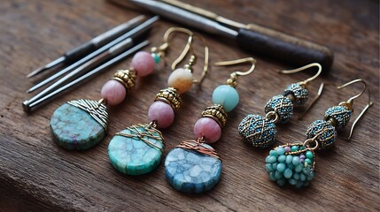 Closeup of handcrafted earrings with colorful gemstones and intricate metalwork displayed on a rustic wooden surface, showcasing artisanal jewelry making