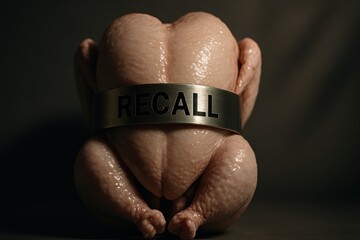 Raw chicken with metal band labeled RECALL around it, positioned against dark background. urgency and concern regarding food safety