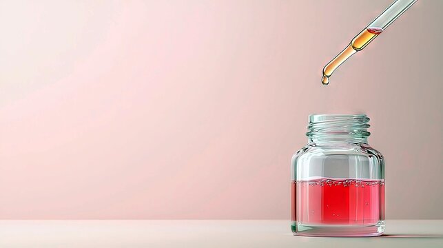 A glass dropper with amber liquid is about to release a drop into a small clear glass bottle filled with red liquid.