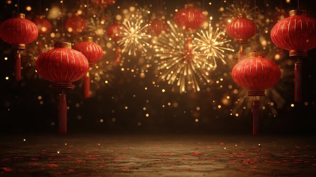 festive chinese new year backdrop with red lanterns and golden firework display