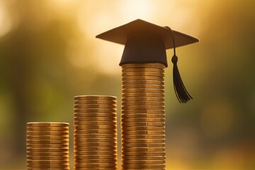 Investing in education symbolizes growth and success, represented by stacks of coins topped with graduation cap. financial planning for academic achievement