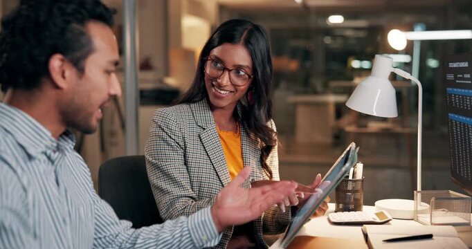 Tablet, team and happy business people with discussion for trading, finance or data at night. Tech, planning and traders in office for investment meeting, stock market graphs or profit on overtime - Powered by Adobe