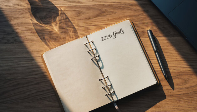 Open notebook and pen with warm wooden desk background for planning.